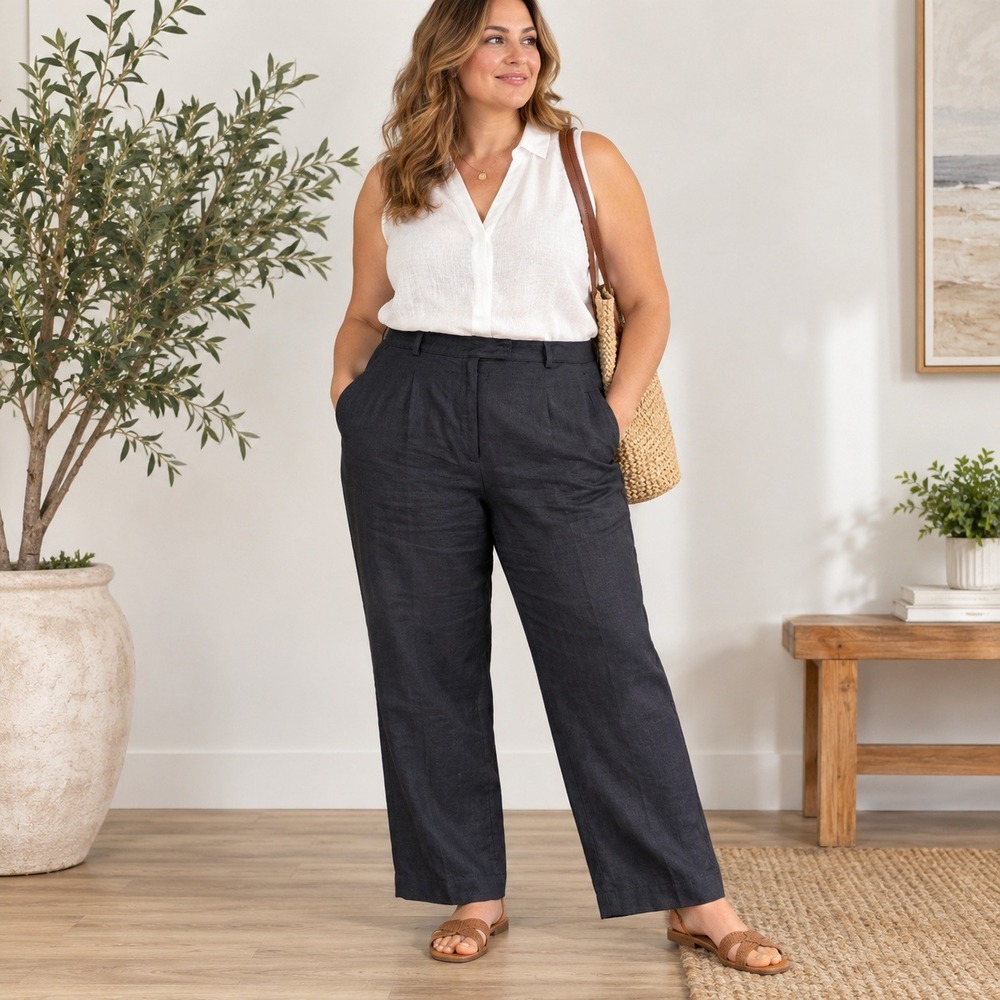 Rafaella Womens 100% Linen Pants Black High Rise Size 14